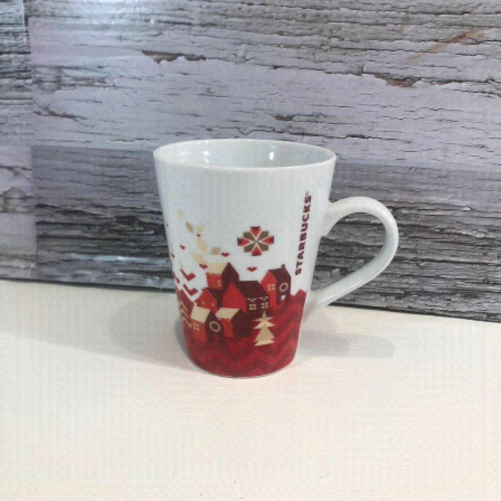 Starbucks Holiday Village geometric chevon red white mug coffee cup